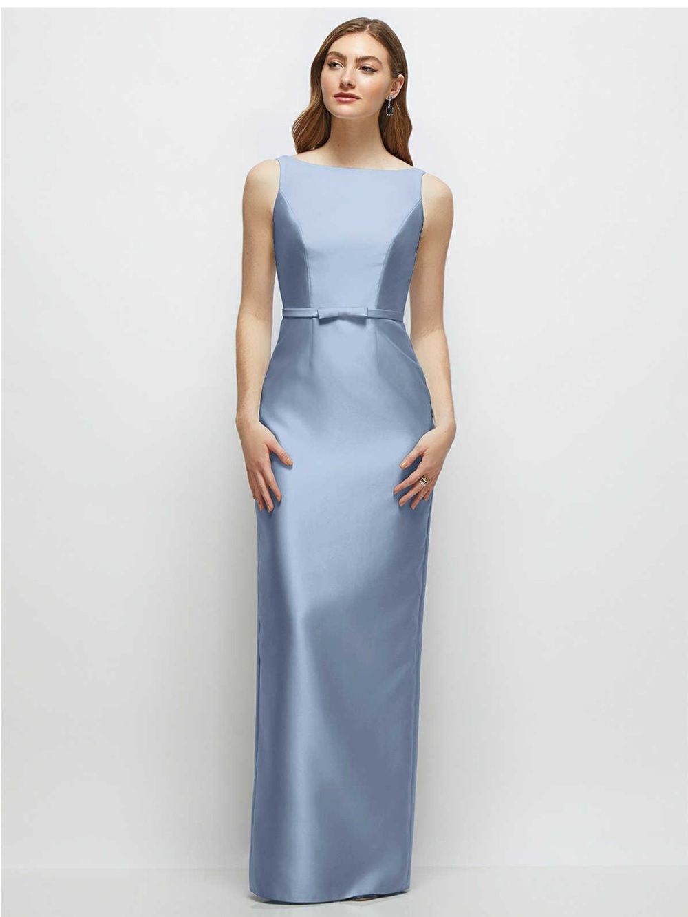 Dessy Elegant Sleeveless Light Blue Satin Maxi Dress with Belt- NWT